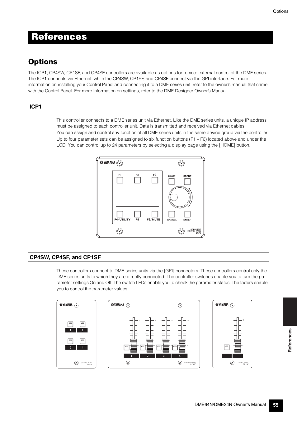 References, Options, Icp1 | Cp4sw, cp4sf, and cp1sf, Ref er ences options dme64n/dme24n owner’s manual | Yamaha 1009MWTO-F0 User Manual | Page 55 / 80