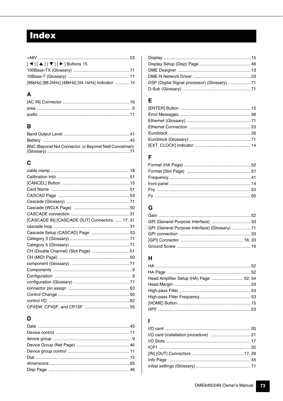 Index | Yamaha 1009MWTO-F0 User Manual | Page 73 / 80