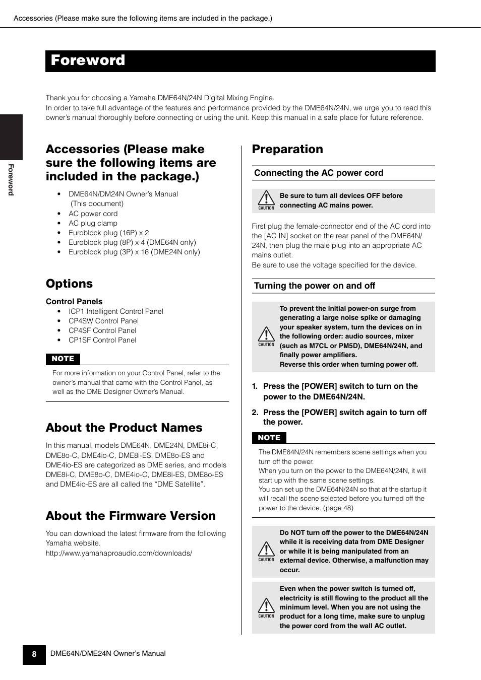 Foreword, Options, About the product names | About the firmware version, Preparation, Connecting the ac power cord, Turning the power on and off, Accessories (please make sure the following, Items are included in the package.) | Yamaha 1009MWTO-F0 User Manual | Page 8 / 80