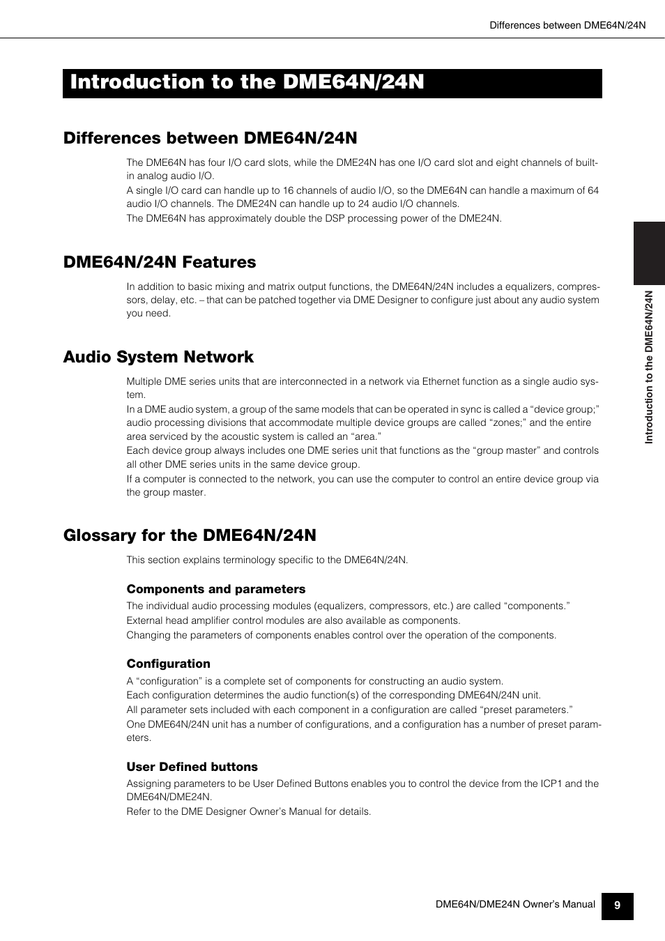 Introduction to the dme64n/24n, Differences between dme64n/24n, Dme64n/24n features | Audio system network, Glossary for the dme64n/24n | Yamaha 1009MWTO-F0 User Manual | Page 9 / 80