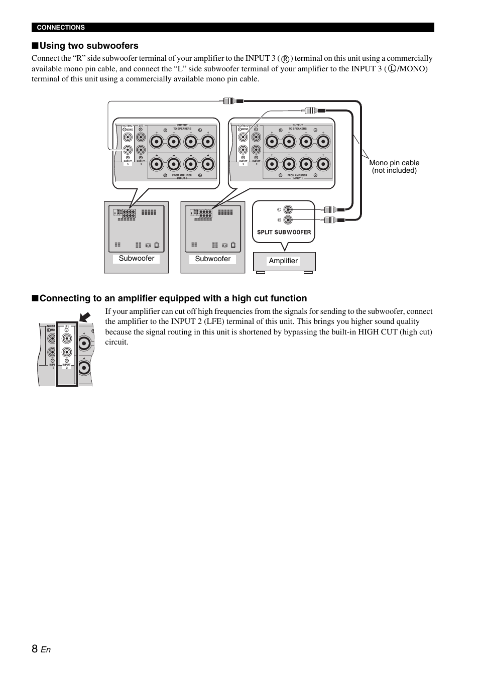 8 wh, Using two subwoofers, Connections | Yamaha 900SW User Manual | Page 12 / 24