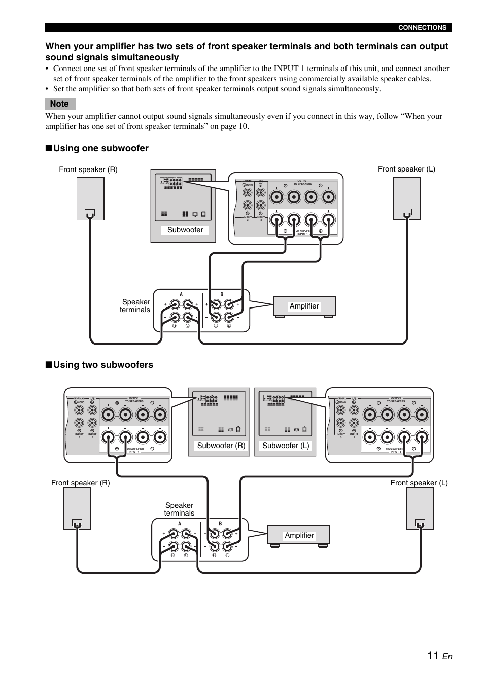 11 for connection info, Using one subwoofer ■ using two subwoofers, Connections | Yamaha 900SW User Manual | Page 15 / 24