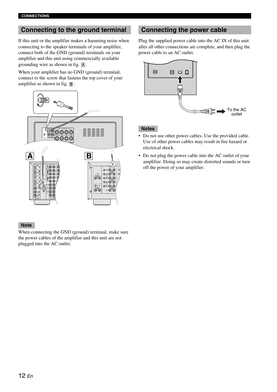 Connecting to the ground terminal, Connecting the power cable | Yamaha 900SW User Manual | Page 16 / 24