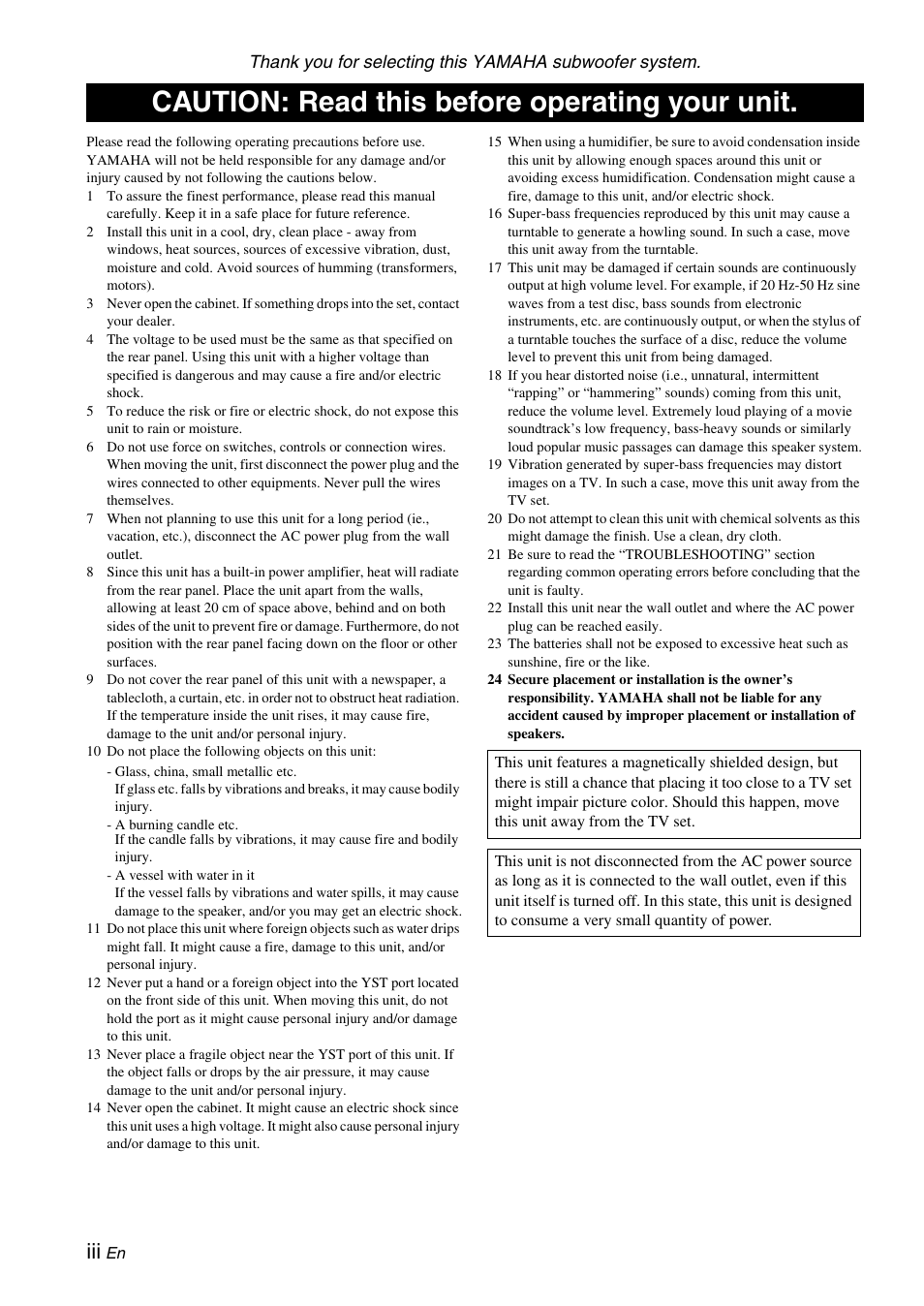 Caution: read this before operating your unit | Yamaha 900SW User Manual | Page 4 / 24