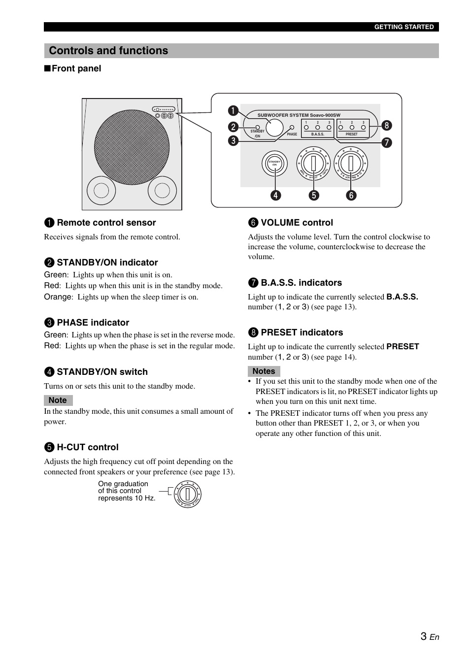 Controls and functions, Front panel, Remote control sensor | Standby/on indicator, Phase indicator, Standby/on switch, H-cut control, Volume control, B.a.s.s. indicators, Preset indicators | Yamaha 900SW User Manual | Page 7 / 24