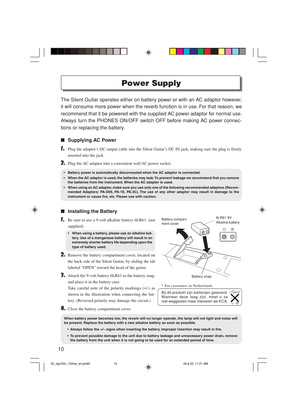 Power supply | Yamaha SLG-120NW User Manual | Page 10 / 16