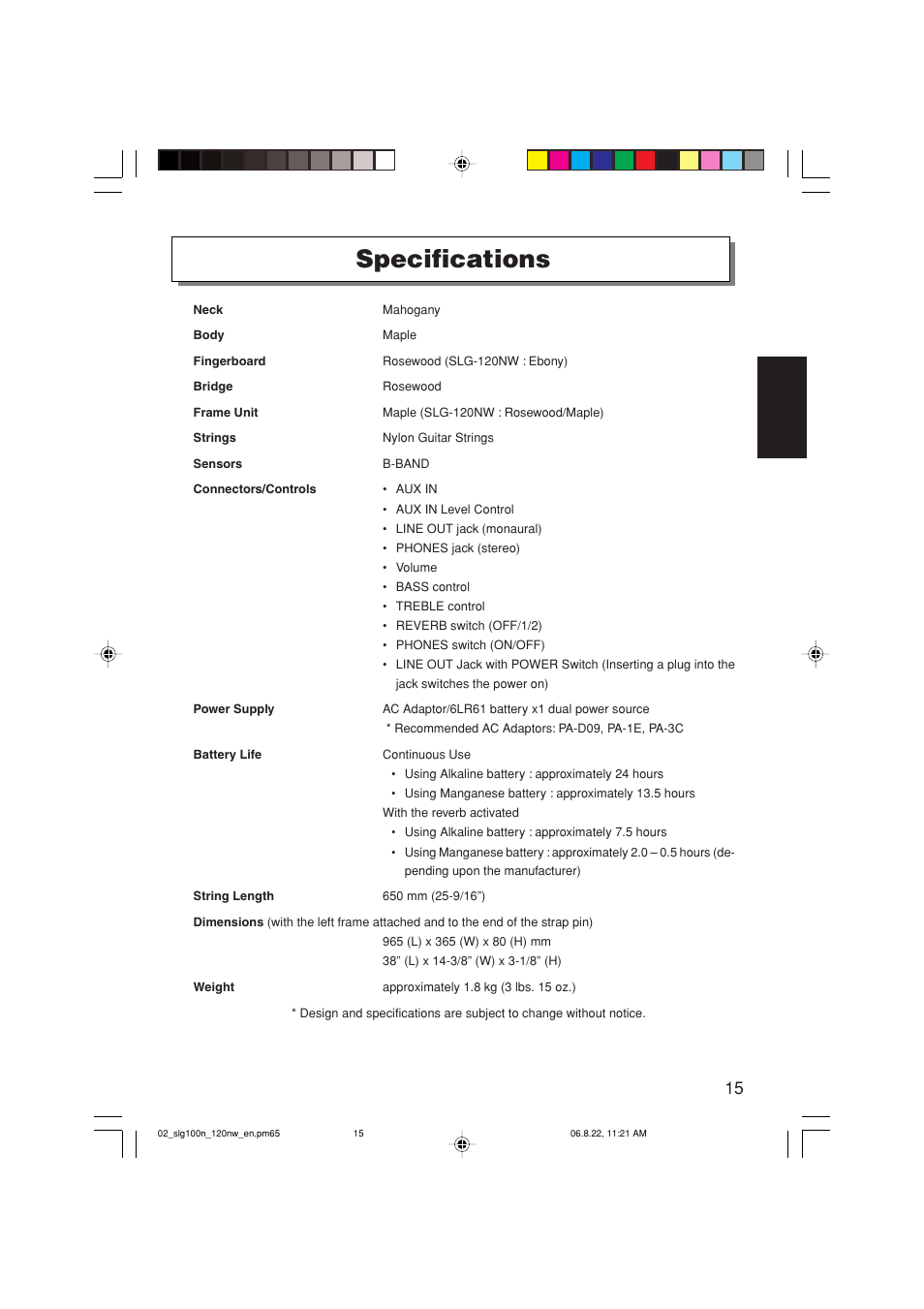 Specifications | Yamaha SLG-120NW User Manual | Page 15 / 16