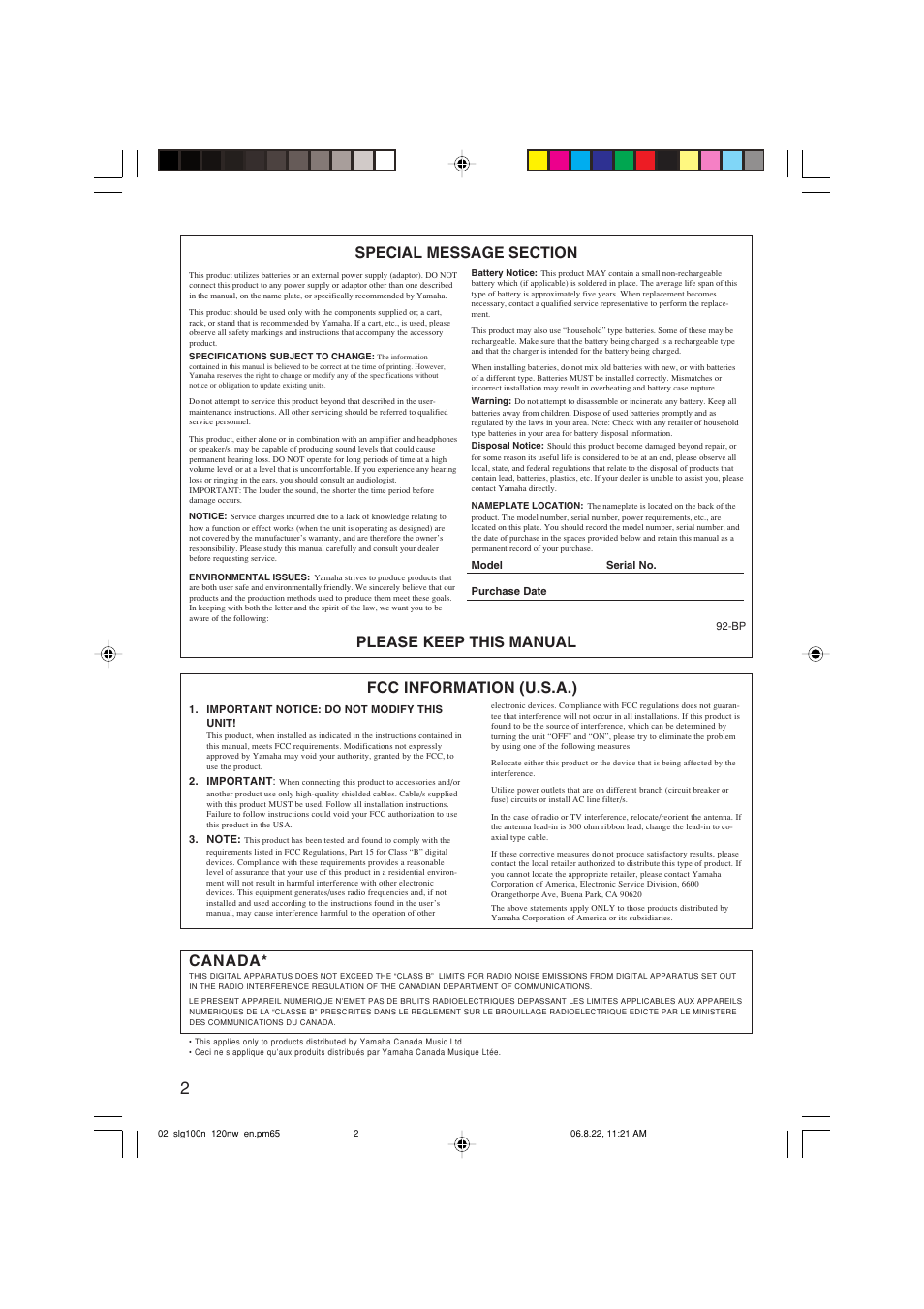 Please keep this manual fcc information (u.s.a.), Canada | Yamaha SLG-120NW User Manual | Page 2 / 16