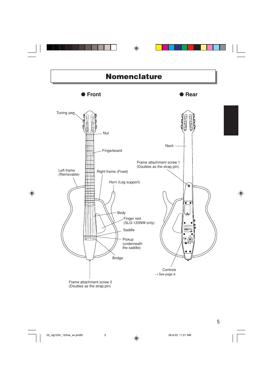 Nomenclature, Front ● rear | Yamaha SLG-120NW User Manual | Page 5 / 16