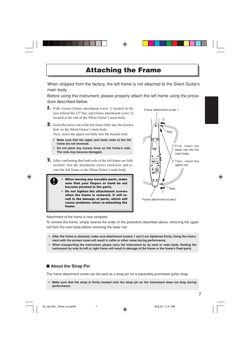 Attaching the frame | Yamaha SLG-120NW User Manual | Page 7 / 16