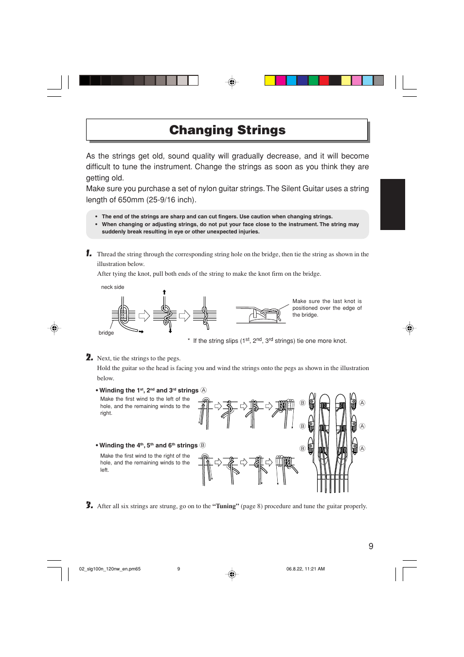 Changing strings | Yamaha SLG-120NW User Manual | Page 9 / 16