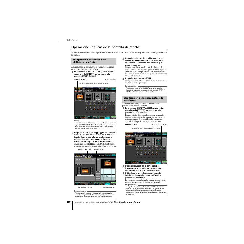 Operaciones básicas de la pantalla de efectos, Modificación de los parámetros de los efectos | Yamaha PM5D-RHPM5D User Manual | Page 106 / 367