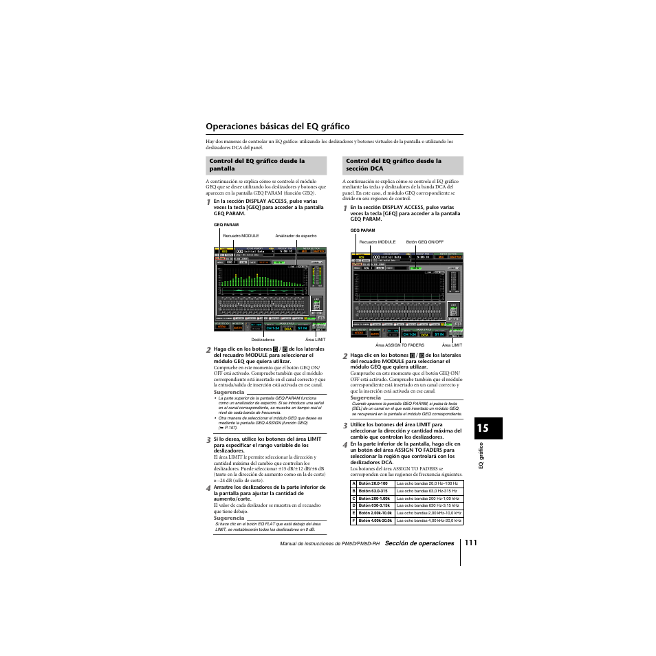 Operaciones básicas del eq gráfico, Control del eq gráfico desde la pantalla, Control del eq gráfico desde la sección dca | Yamaha PM5D-RHPM5D User Manual | Page 111 / 367