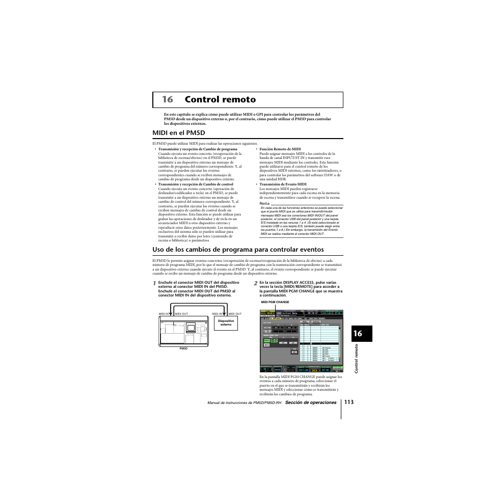 Control remoto, Midi en el pm5d, 16 control remoto | Yamaha PM5D-RHPM5D User Manual | Page 113 / 367