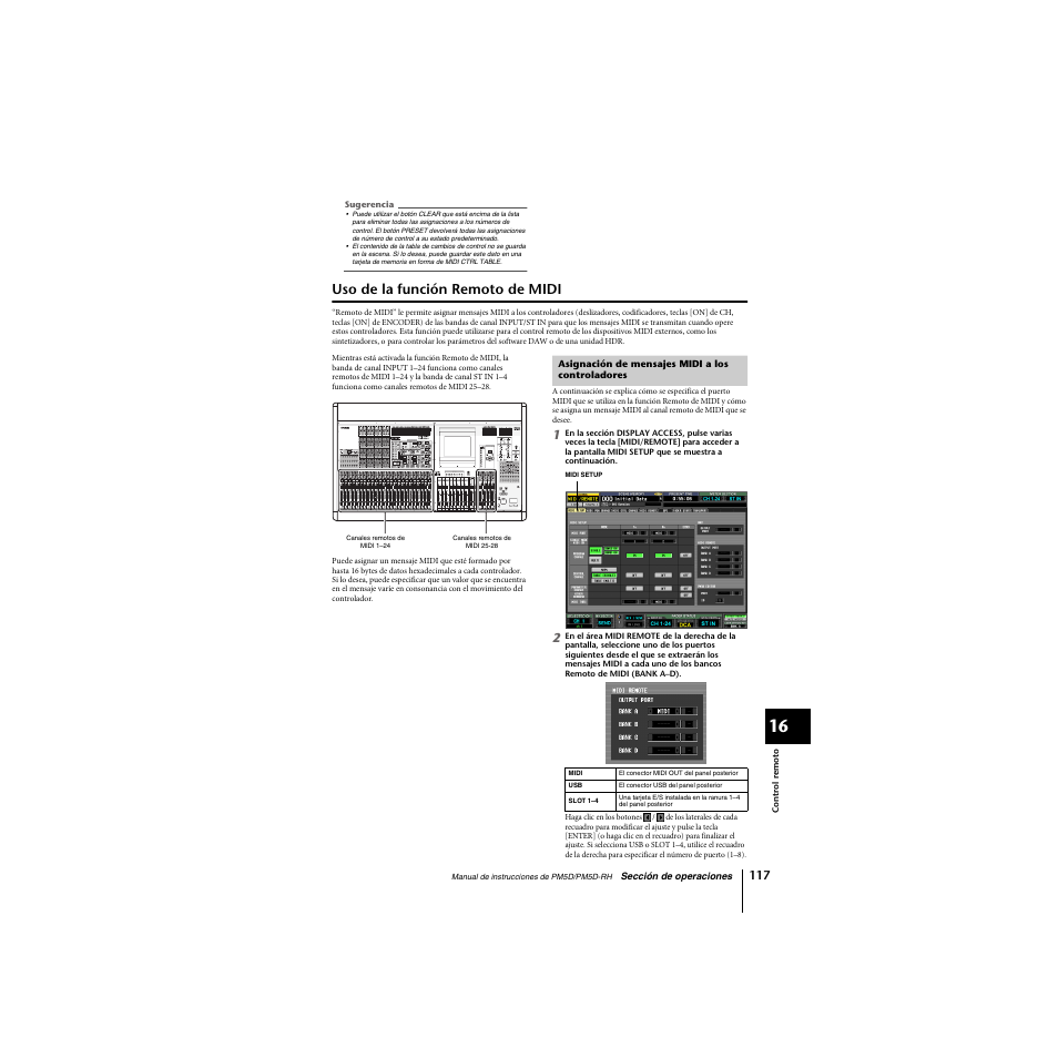 Uso de la función remoto de midi, Asignación de mensajes midi a los controladores | Yamaha PM5D-RHPM5D User Manual | Page 117 / 367