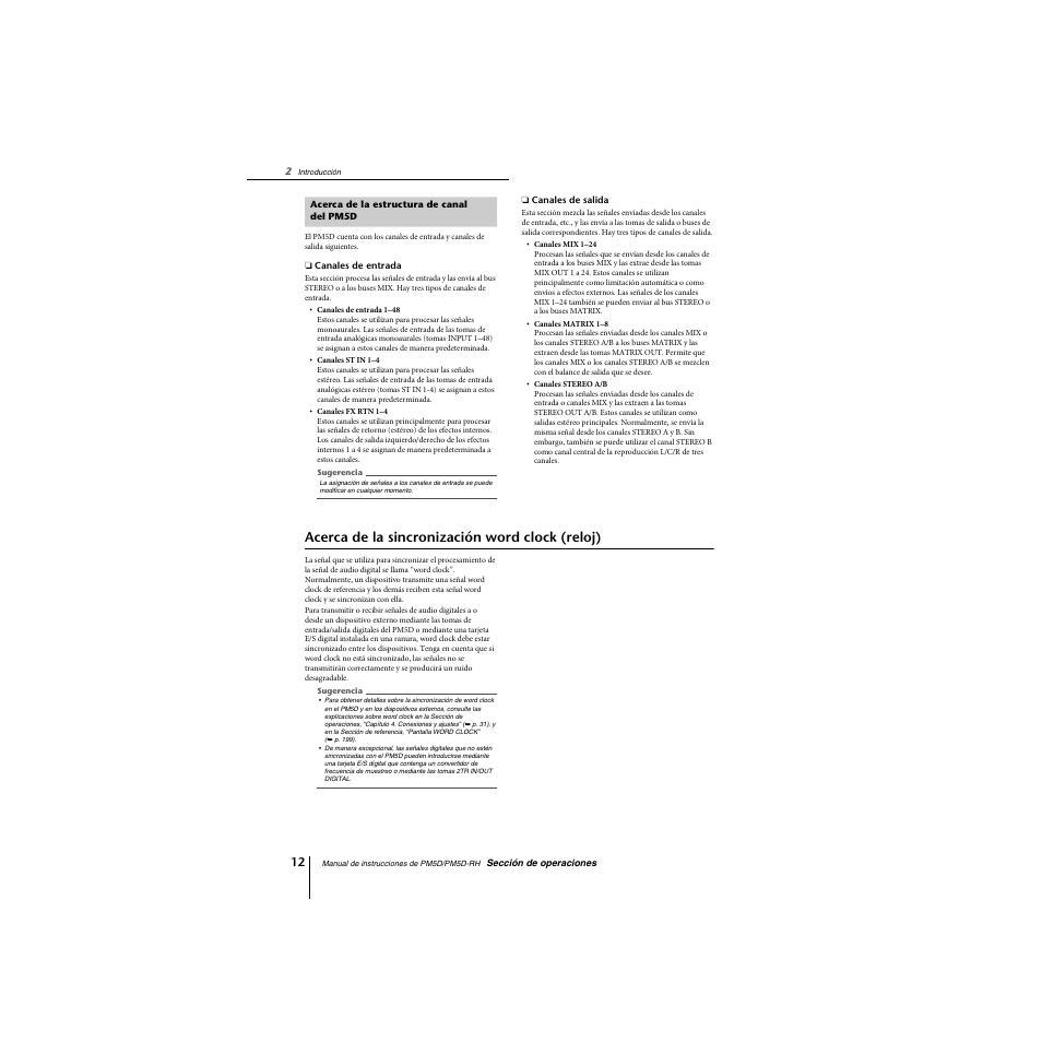 Acerca de la estructura de canal delpm5d, Acerca de la sincronización word clock (reloj), Acerca de la estructura de canal del pm5d | Yamaha PM5D-RHPM5D User Manual | Page 12 / 367