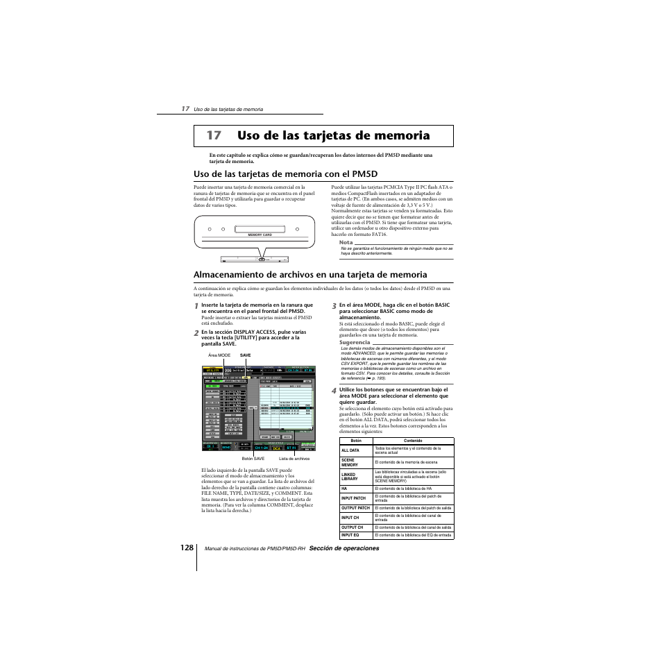 Uso de las tarjetas de memoria, Uso de las tarjetas de memoria con el pm5d | Yamaha PM5D-RHPM5D User Manual | Page 128 / 367