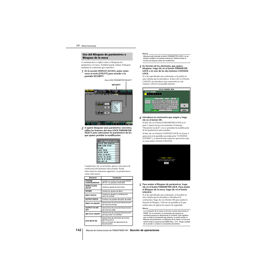 Uso del bloqueo de parámetros o bloqueo de la mesa | Yamaha PM5D-RHPM5D User Manual | Page 142 / 367