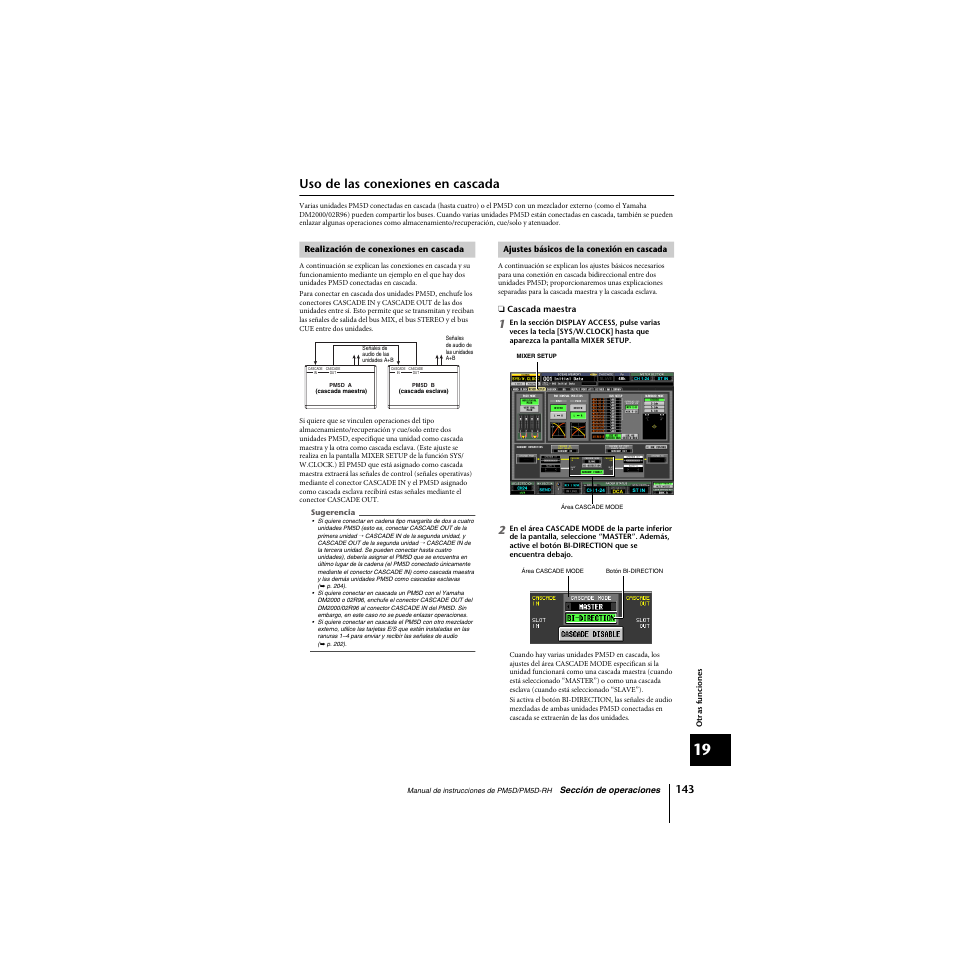 Uso de las conexiones en cascada, Realización de conexiones en cascada, Ajustes básicos de la conexión en cascada | Yamaha PM5D-RHPM5D User Manual | Page 143 / 367