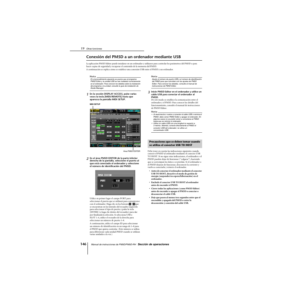 Conexión del pm5d a un ordenador mediante usb, Precauciones que se deben tomar cuando se utiliza, El conector usb to host | Yamaha PM5D-RHPM5D User Manual | Page 146 / 367