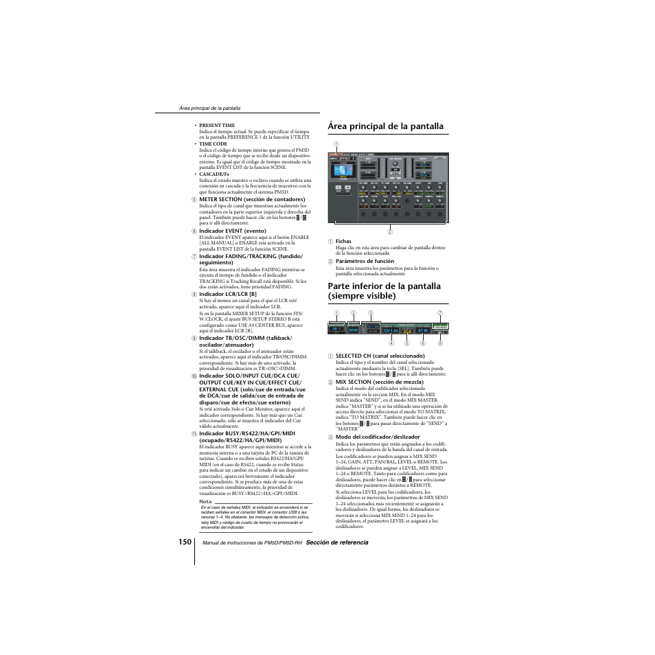 Área principal de la pantalla, Parte inferior de la pantalla (siempre visible) | Yamaha PM5D-RHPM5D User Manual | Page 150 / 367