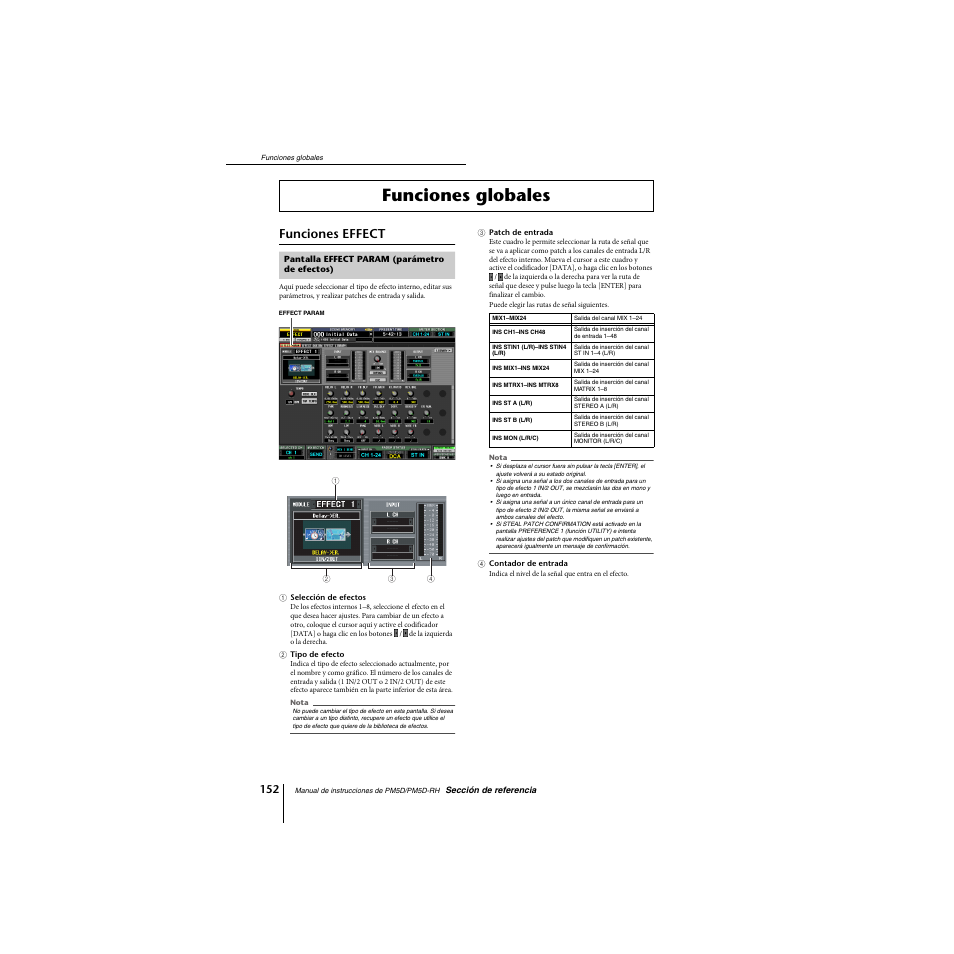 Funciones globales, Funciones effect, Pantalla effect param (parámetro de efectos) | Yamaha PM5D-RHPM5D User Manual | Page 152 / 367