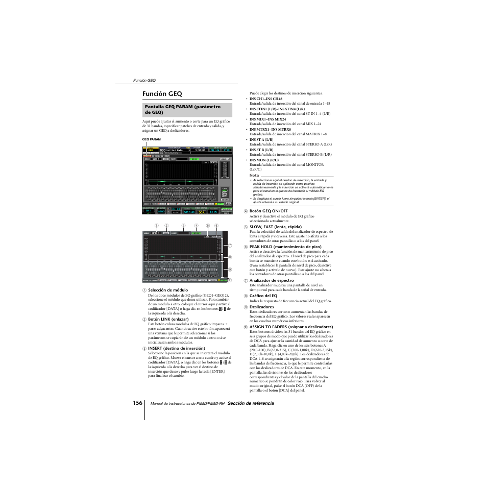 Función geq, Pantalla geq param (parámetro degeq), Pantalla geq param (parámetro de geq) | Yamaha PM5D-RHPM5D User Manual | Page 156 / 367