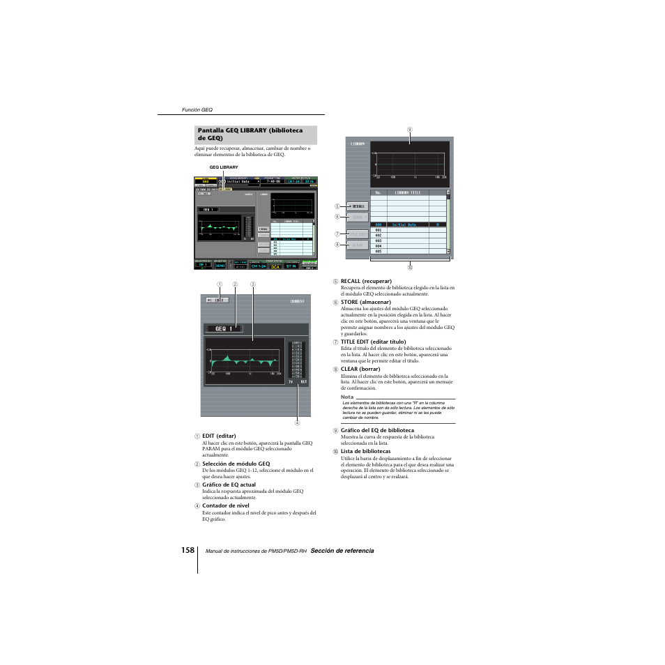 Pantalla geq library (biblioteca degeq), Pantalla geq library (biblioteca de geq) | Yamaha PM5D-RHPM5D User Manual | Page 158 / 367