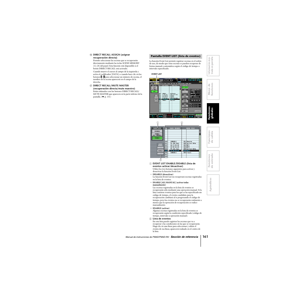 Pantalla event list (lista de eventos) | Yamaha PM5D-RHPM5D User Manual | Page 161 / 367