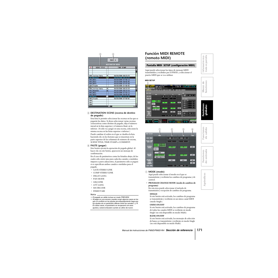 Función midi remote (remoto midi), Pantalla midi setup (configuración midi) | Yamaha PM5D-RHPM5D User Manual | Page 171 / 367