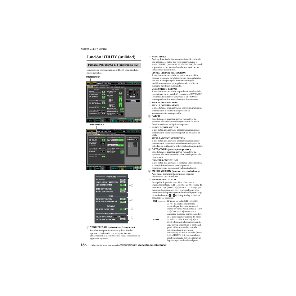 Función utility (utilidad), Pantallas preference 1/2 (preferencia 1/2), P. 186) | Yamaha PM5D-RHPM5D User Manual | Page 186 / 367