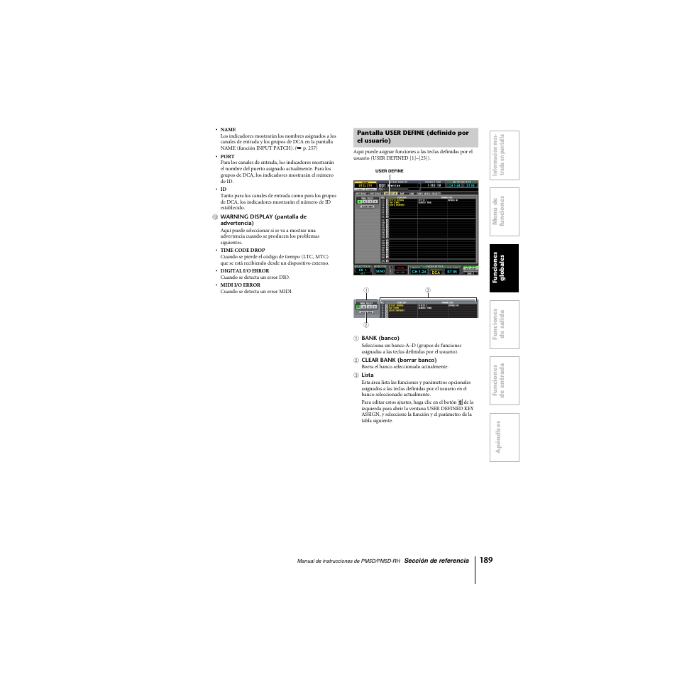 Pantalla user define (definido por el usuario) | Yamaha PM5D-RHPM5D User Manual | Page 189 / 367