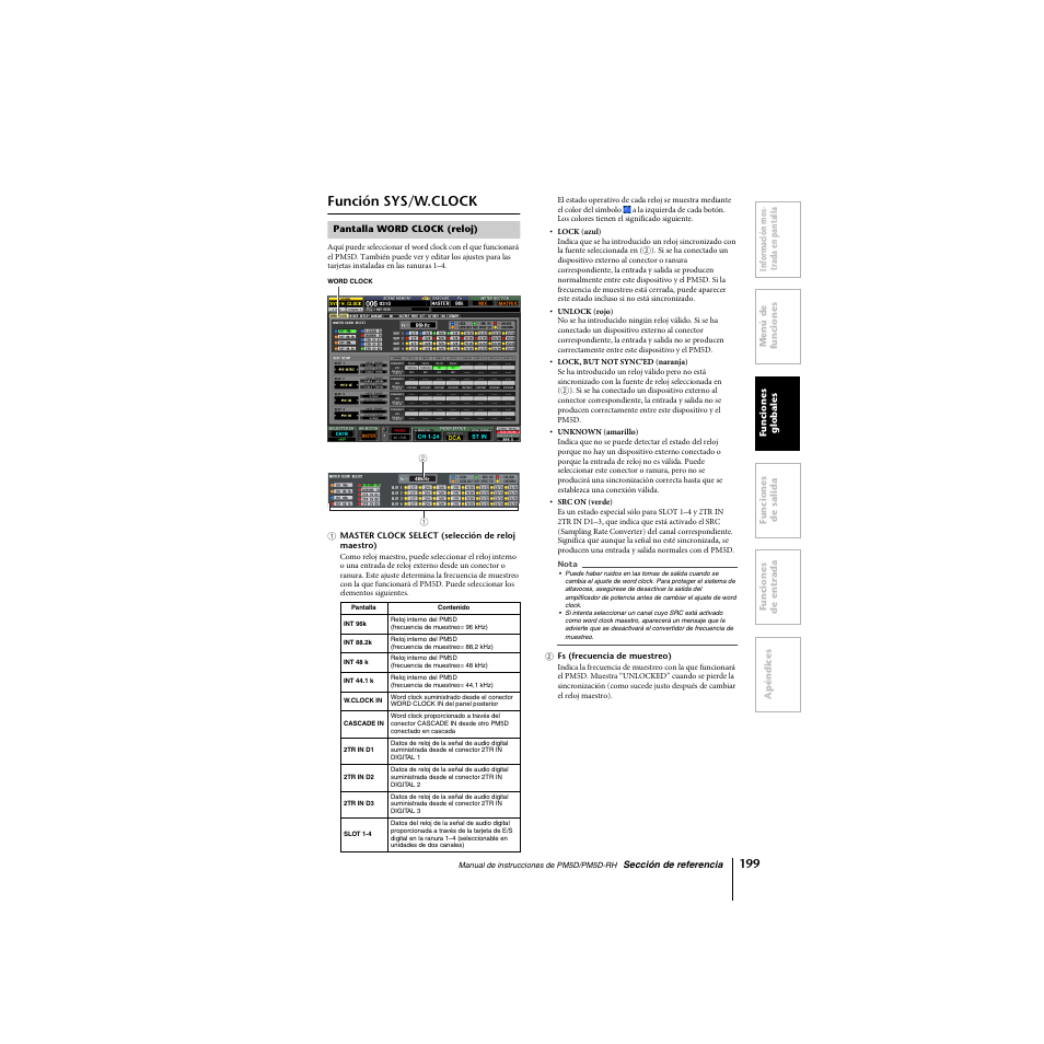 Función sys/w.clock, Pantalla word clock (reloj) | Yamaha PM5D-RHPM5D User Manual | Page 199 / 367