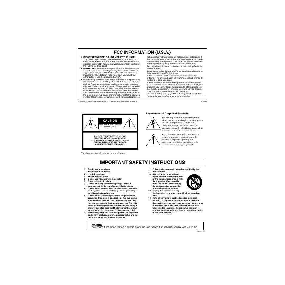 Important safety instructions, Fcc information (u.s.a.) | Yamaha PM5D-RHPM5D User Manual | Page 2 / 367