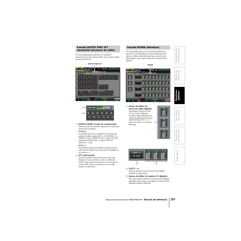 Pantalla dither (difuminar), Pantalla output port att (atenuación del puerto, De salida) | Yamaha PM5D-RHPM5D User Manual | Page 207 / 367