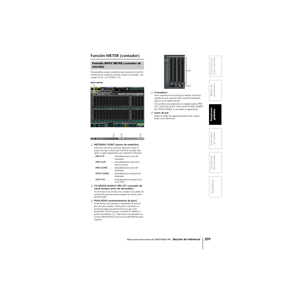 Función meter (contador), Pantalla input meter (contador de entrada) | Yamaha PM5D-RHPM5D User Manual | Page 209 / 367