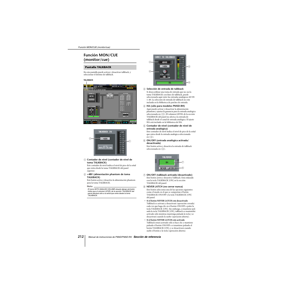 Función mon/cue (monitor/cue), Pantalla talkback | Yamaha PM5D-RHPM5D User Manual | Page 212 / 367