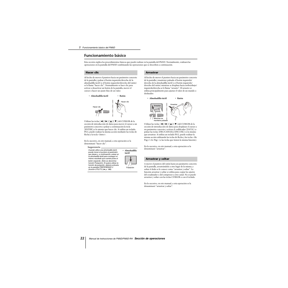 Funcionamiento básico, Hacer clic, Arrastrar | Arrastrar y soltar, Hacer clic arrastrar arrastrar y soltar | Yamaha PM5D-RHPM5D User Manual | Page 22 / 367