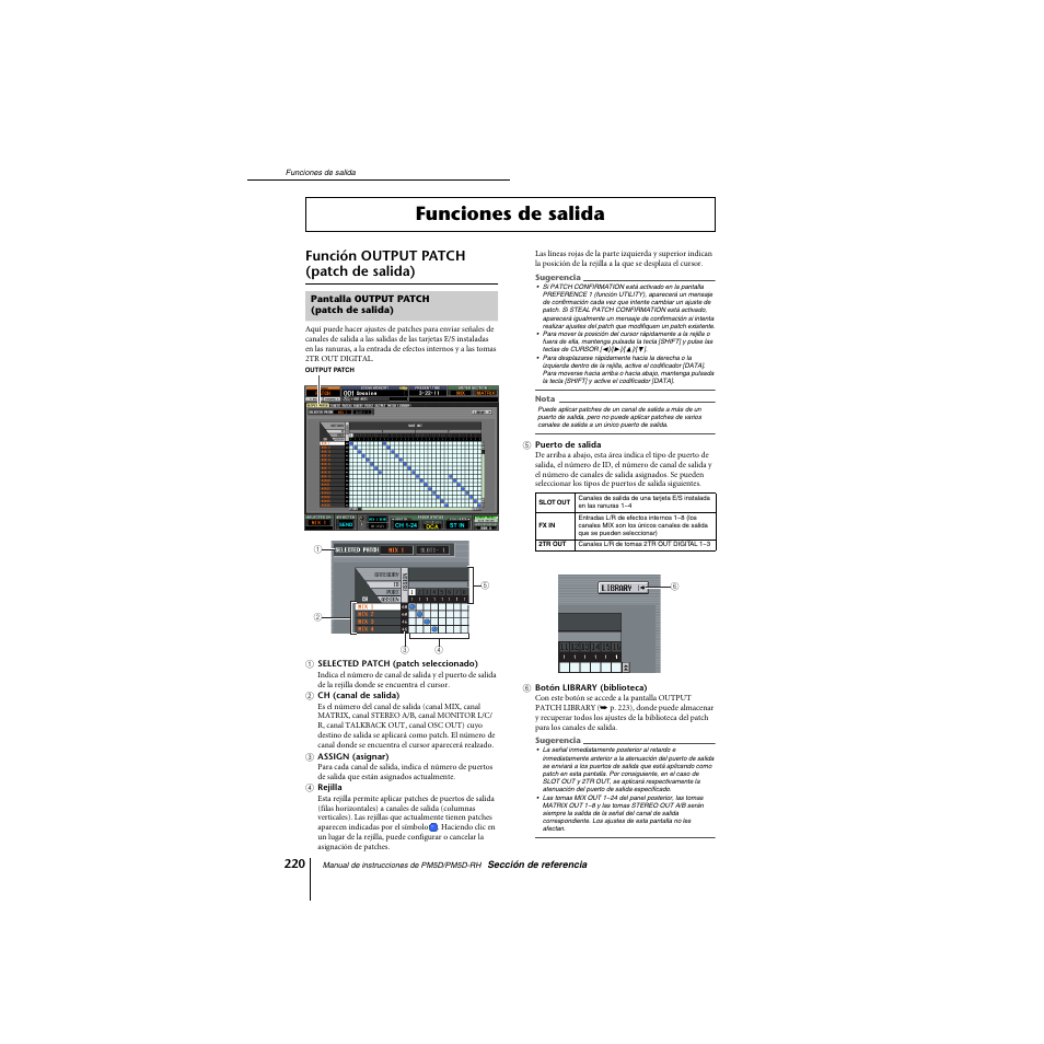 Funciones de salida, Función output patch (patch de salida), Pantalla output patch (patch de salida) | Yamaha PM5D-RHPM5D User Manual | Page 220 / 367