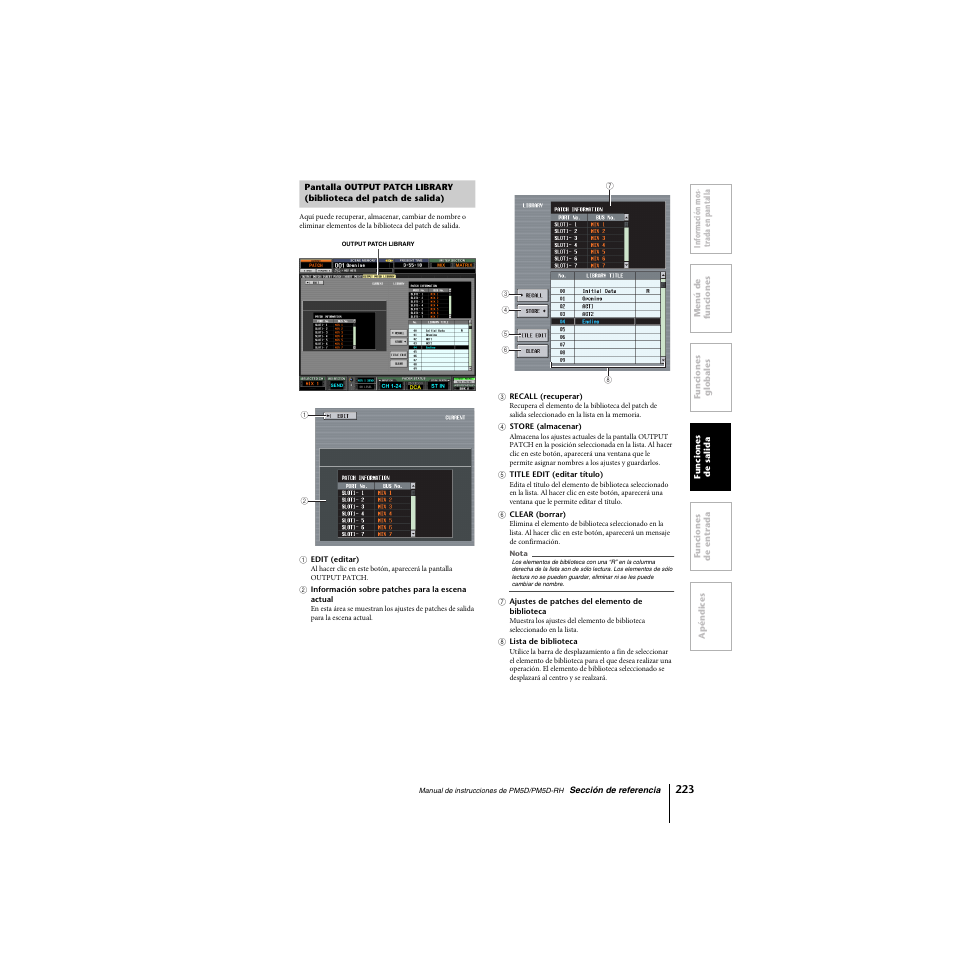 Pantalla output patch library (biblioteca del, Patch de salida) | Yamaha PM5D-RHPM5D User Manual | Page 223 / 367