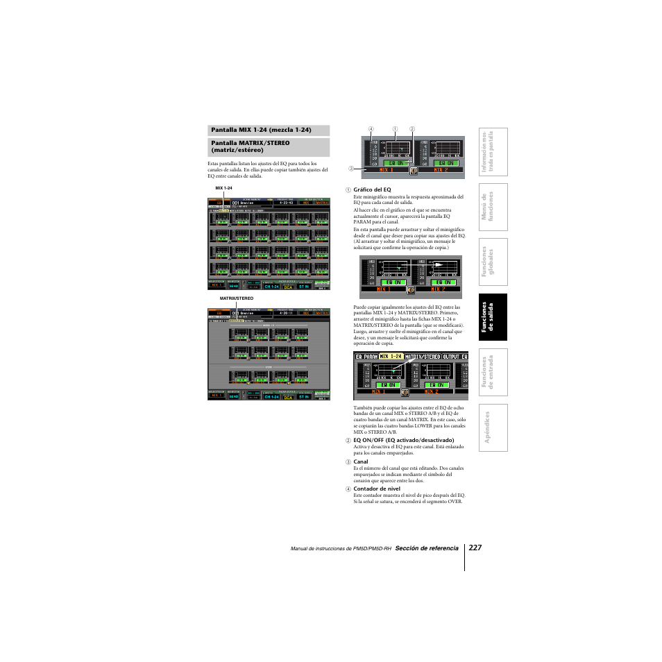 Pantalla mix 1-24 (mezcla 1-24), Pantalla matrix/stereo (matriz/estéreo) | Yamaha PM5D-RHPM5D User Manual | Page 227 / 367