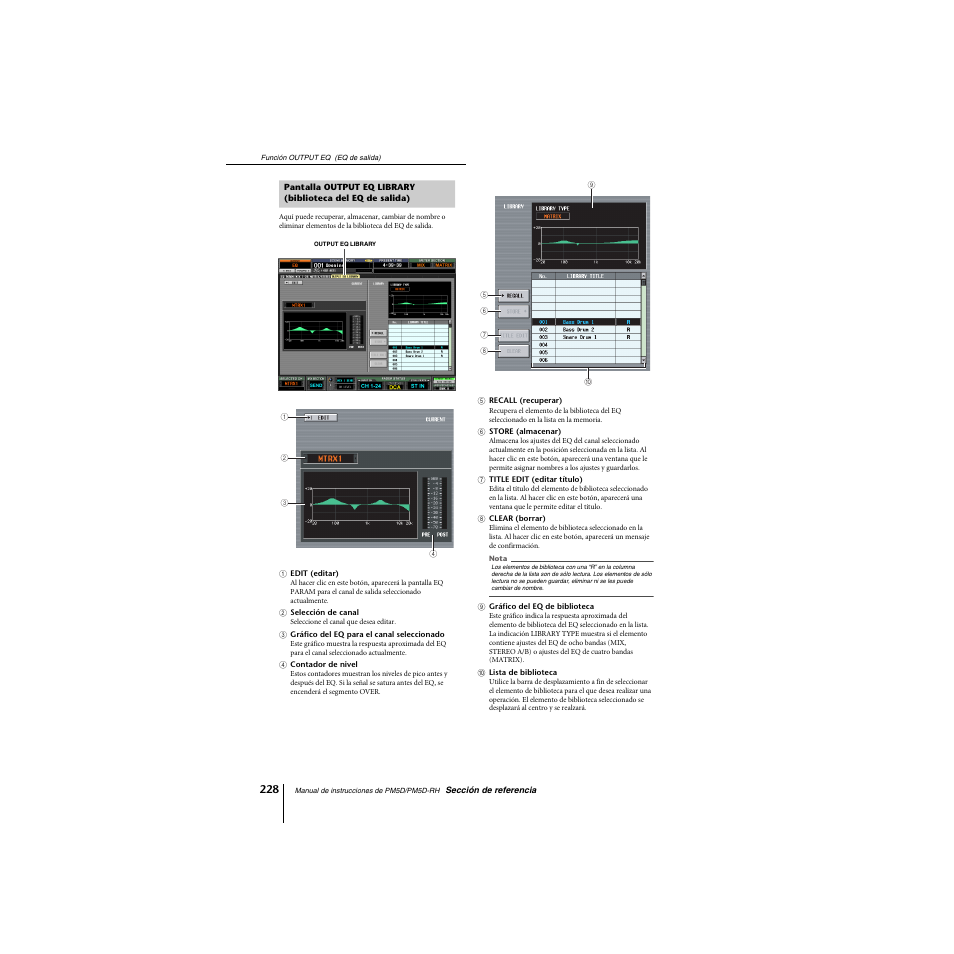 Pantalla output eq library (biblioteca del eq, De salida) | Yamaha PM5D-RHPM5D User Manual | Page 228 / 367