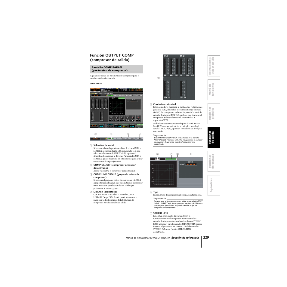 Función output comp (compresor de salida), Pantalla comp param (parámetro de compresor), P. 229, 266) | Yamaha PM5D-RHPM5D User Manual | Page 229 / 367