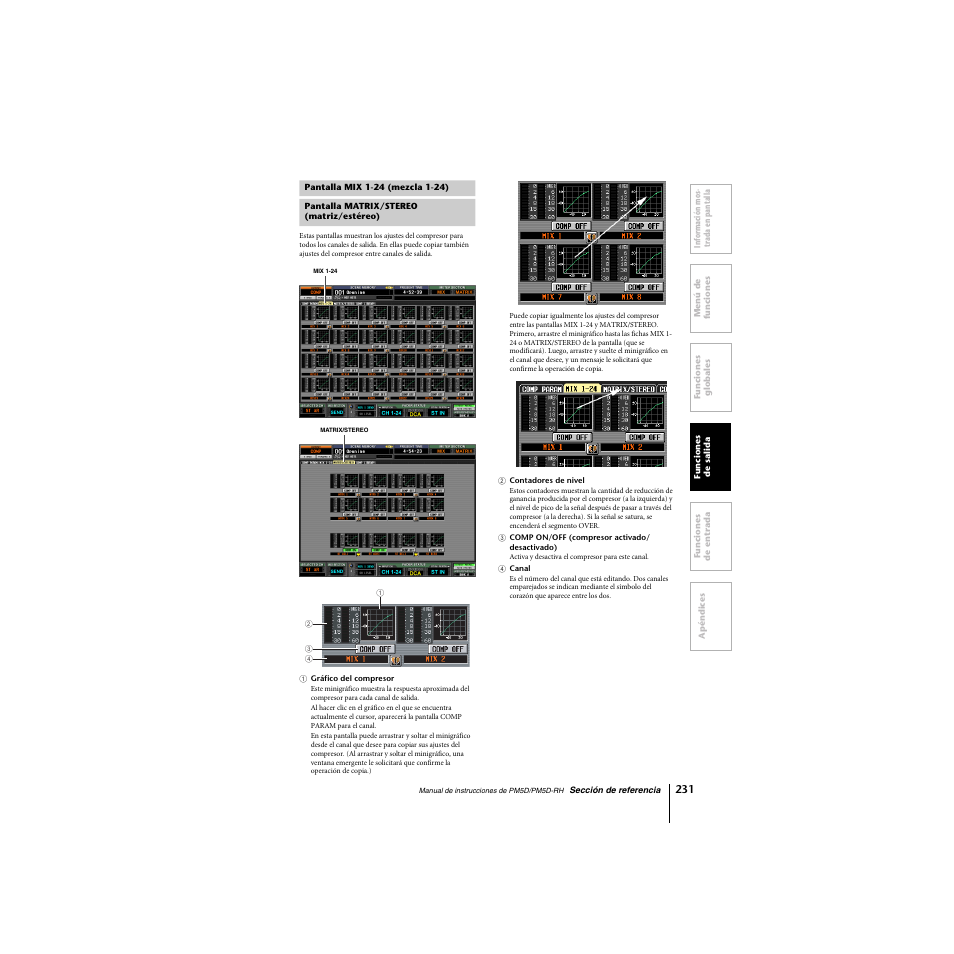 Pantalla mix 1-24 (mezcla 1-24), Pantalla matrix/stereo (matriz/estéreo) | Yamaha PM5D-RHPM5D User Manual | Page 231 / 367