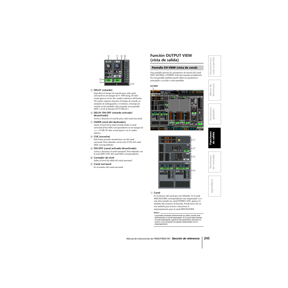 Función output view (vistade salida), Pantalla ch view (vista de canal), Función output view (vista de salida) | Yamaha PM5D-RHPM5D User Manual | Page 245 / 367