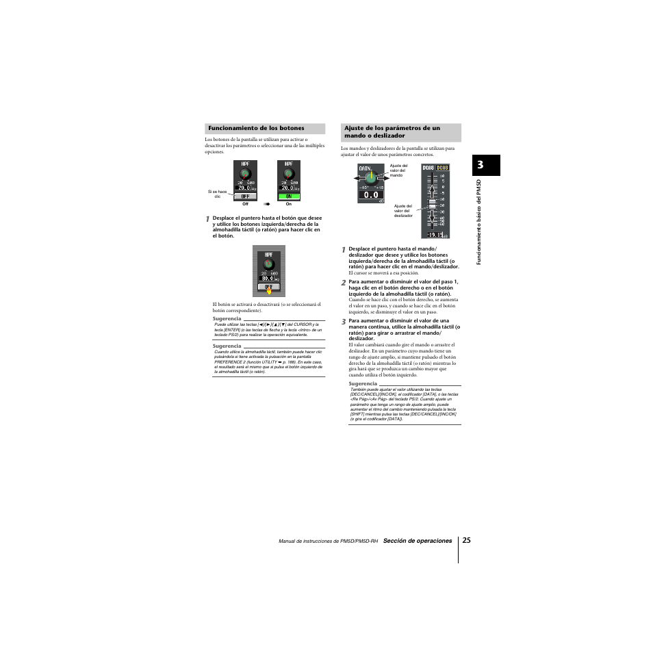 Funcionamiento de los botones, Ajuste de los parámetros de un mando o deslizador | Yamaha PM5D-RHPM5D User Manual | Page 25 / 367