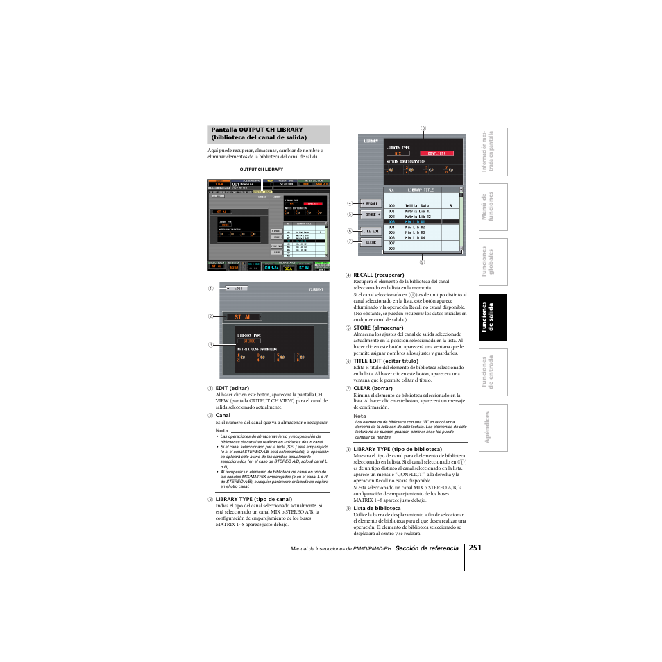 Pantalla output ch library (biblioteca del canal, De salida) | Yamaha PM5D-RHPM5D User Manual | Page 251 / 367