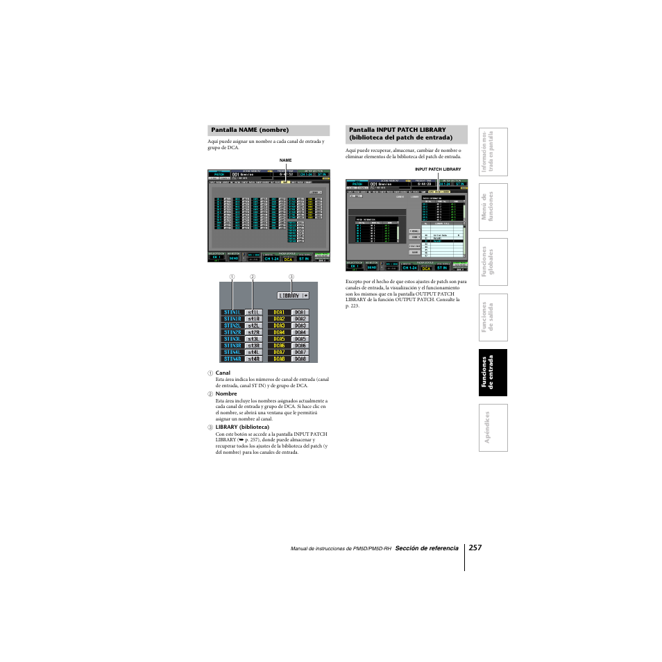 Pantalla name (nombre), De entrada) | Yamaha PM5D-RHPM5D User Manual | Page 257 / 367