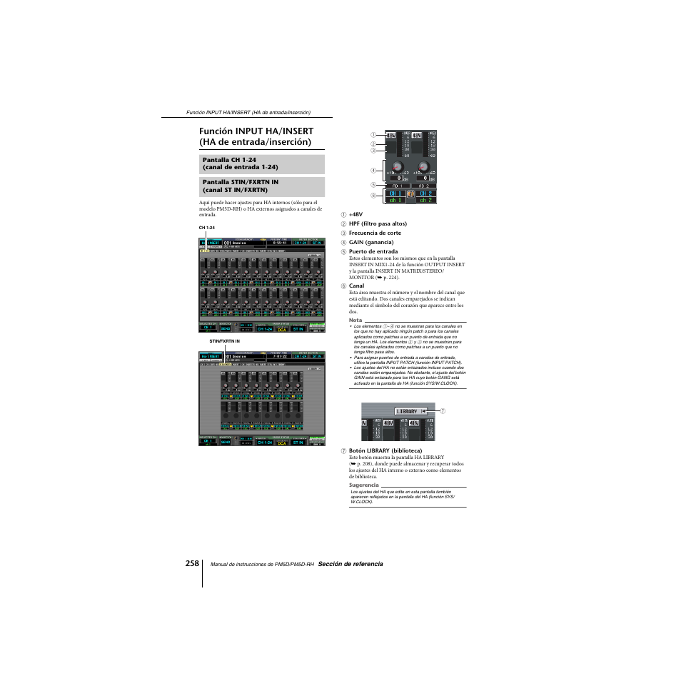 Función input ha/insert (ha de entrada/inserción), Pantalla ch 1-24 (canal de entrada 1-24), Pantalla stin/fxrtn in (canal st in/fxrtn) | Función input ha/insert, Ha de entrada/inserción) | Yamaha PM5D-RHPM5D User Manual | Page 258 / 367