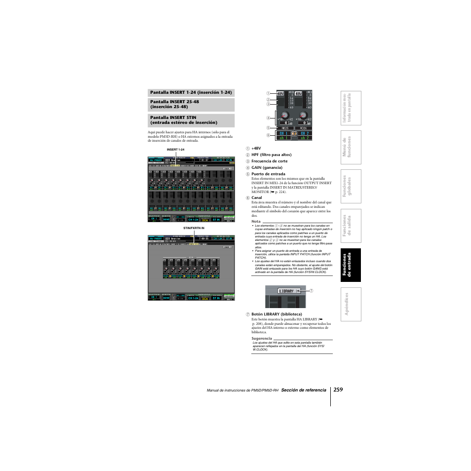 Pantalla insert 1-24 (inserción 1-24), Pantalla insert 25-48 (inserción 25-48) | Yamaha PM5D-RHPM5D User Manual | Page 259 / 367